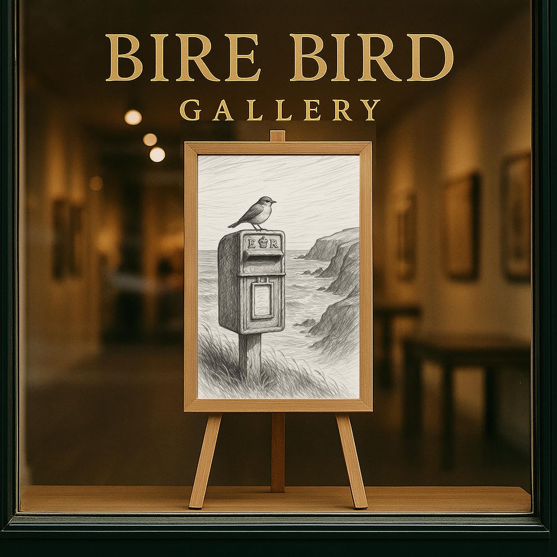 Bird on Postbox Sea Cliffs Pencil Sketch Coastal Drawing Poster - Image 5