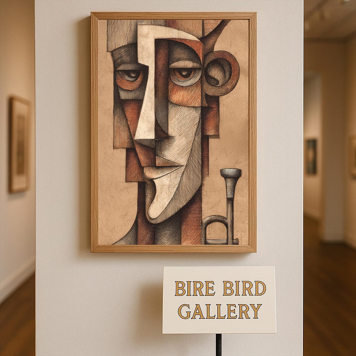 Cubist Jazz Trumpet Musician Portrait Sepia Abstract Art Wall Print