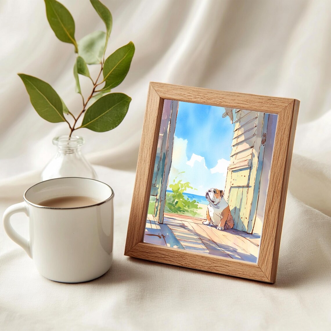 English Bulldog Watercolor Beach Doorway Seaside Scene Poster - Image 3