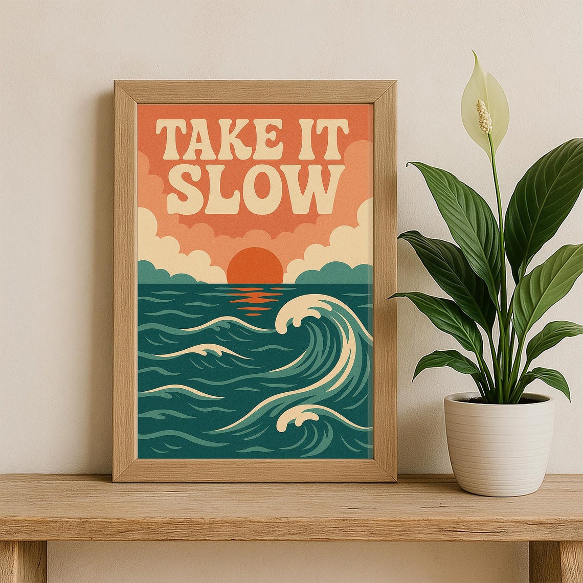 Take It Slow Retro Ocean Sunset Waves Beach Coastal Quote Poster - Image 3