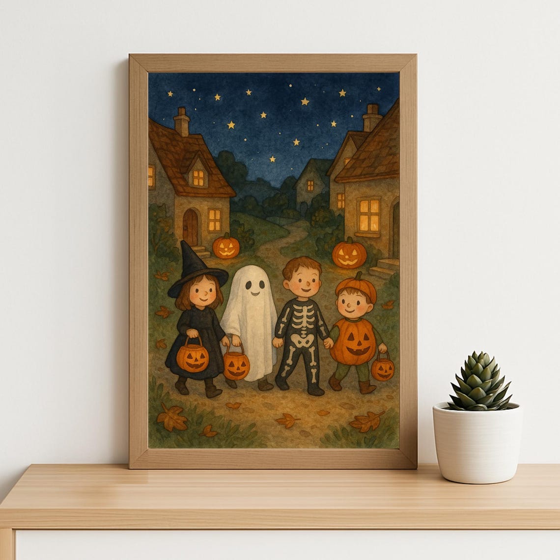 Trick or Treat Kids Halloween Watercolor Costume Night Print