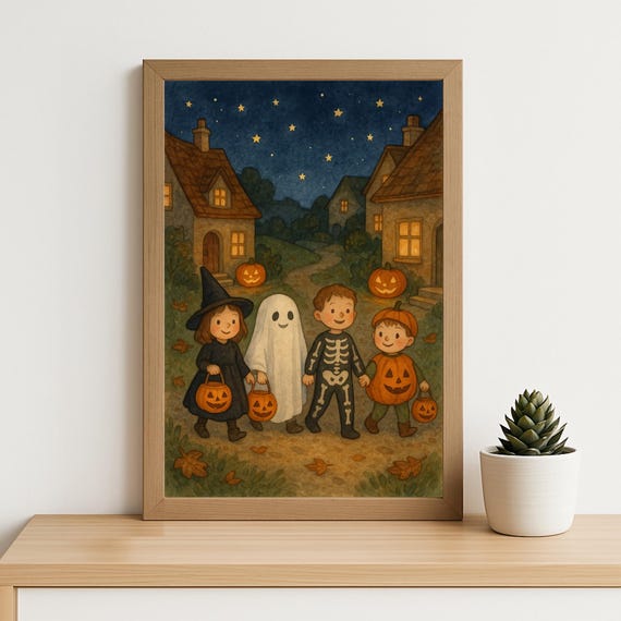 Trick Or Treat Kids Halloween Print Cute Watercolor Village Art With Witch Skeleton And Pumpkin Costumes Autumn Night Decor