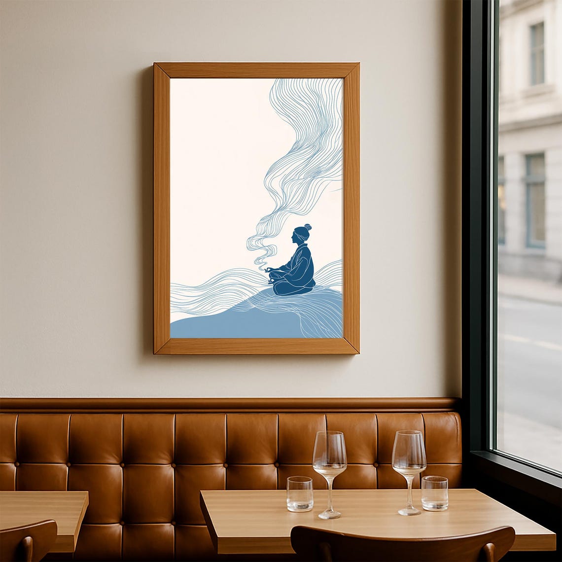 Meditating Figure Blue Ocean Waves Flowing Mindfulness Art Poster - Image 2