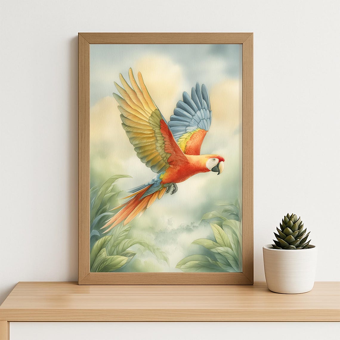 Scarlet Macaw in Flight Colorful Parrot Watercolor Jungle Poster