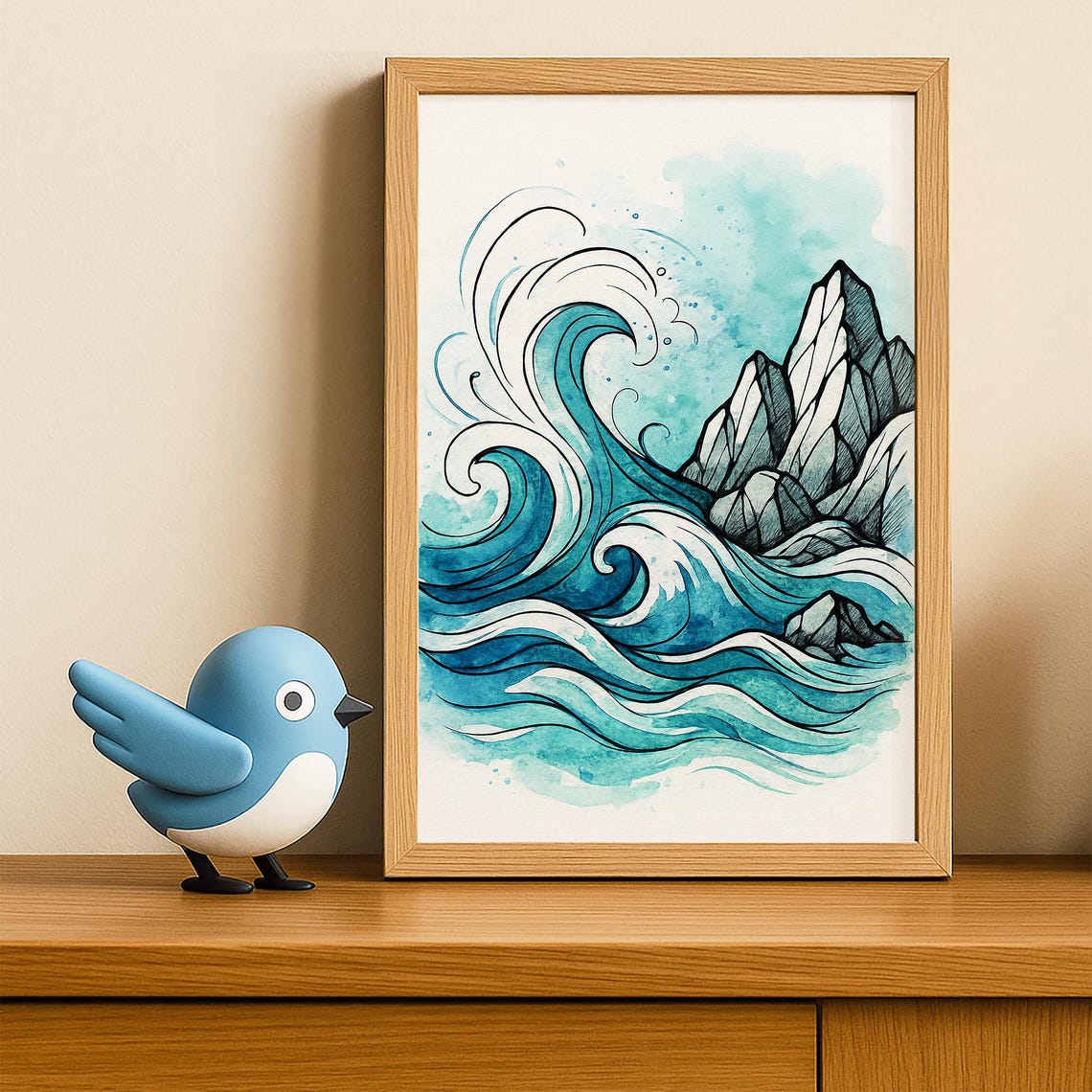 Ocean Wave Watercolor Big Blue Curl Rocky Coastline Art Poster - Image 4