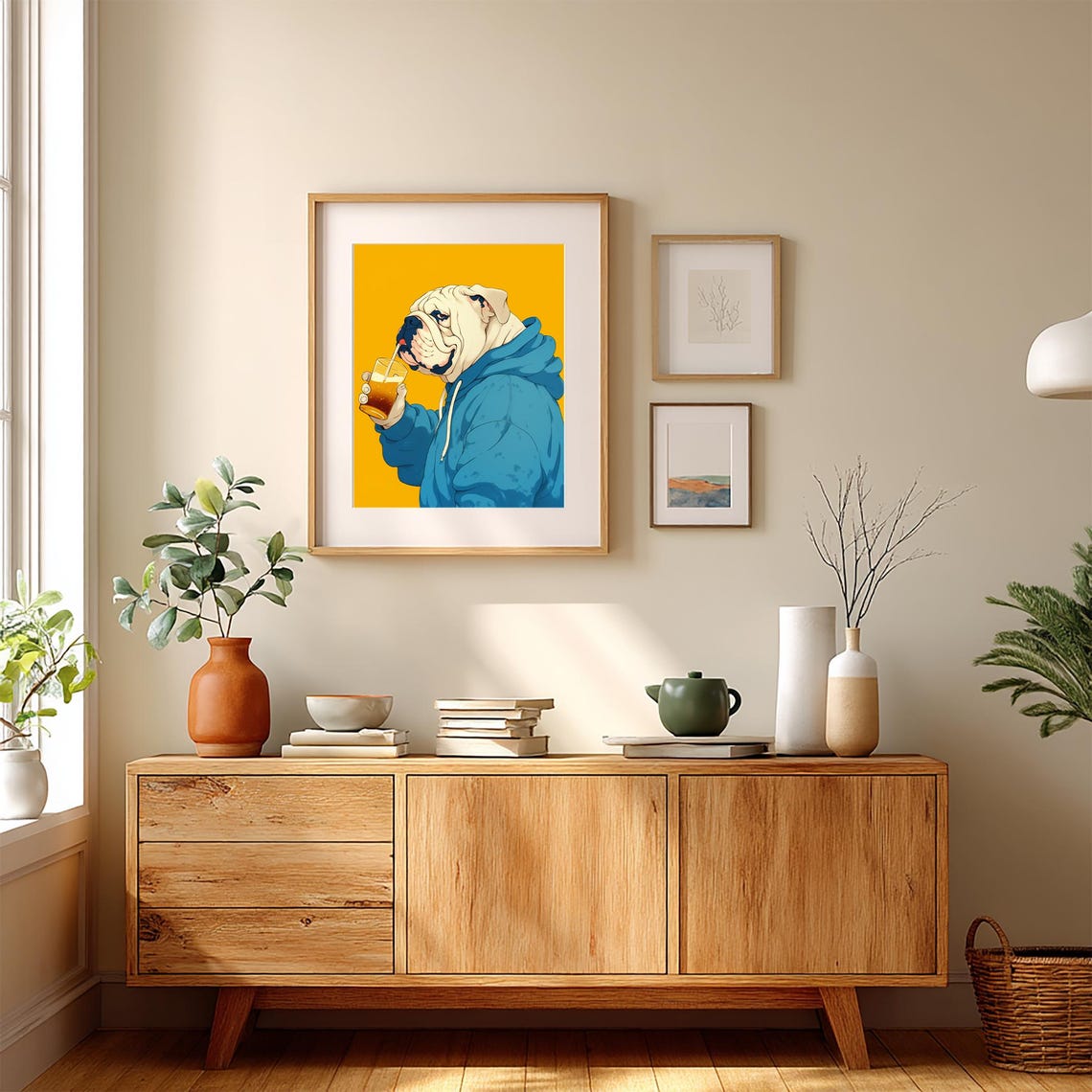 English Bulldog Drinking Iced Coffee Blue Hoodie Funny Pop Art Poster - Image 4