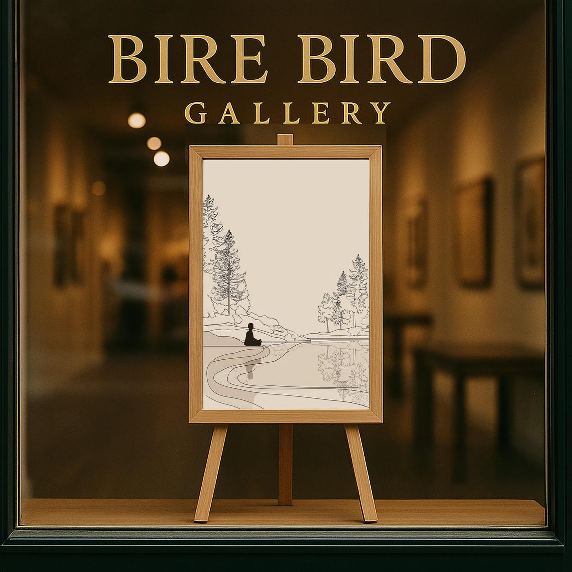 Minimalist Lake Meditation Line Drawing With Pines Reflection Poster - Image 5