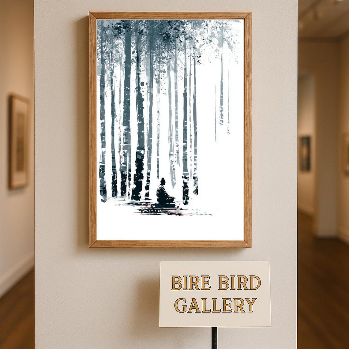 Meditating Figure Bamboo Forest Ink Wash Zen Minimalist Poster