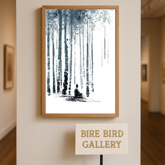 Meditating Figure Bamboo Forest Ink Wash Zen Minimalist Poster