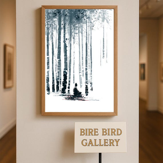 Meditating Man In Bamboo Forest Zen Ink Wash Art Print Minimalist Wabi Sabi Wall Decor Tranquil Spiritual Japanesestyle Poster