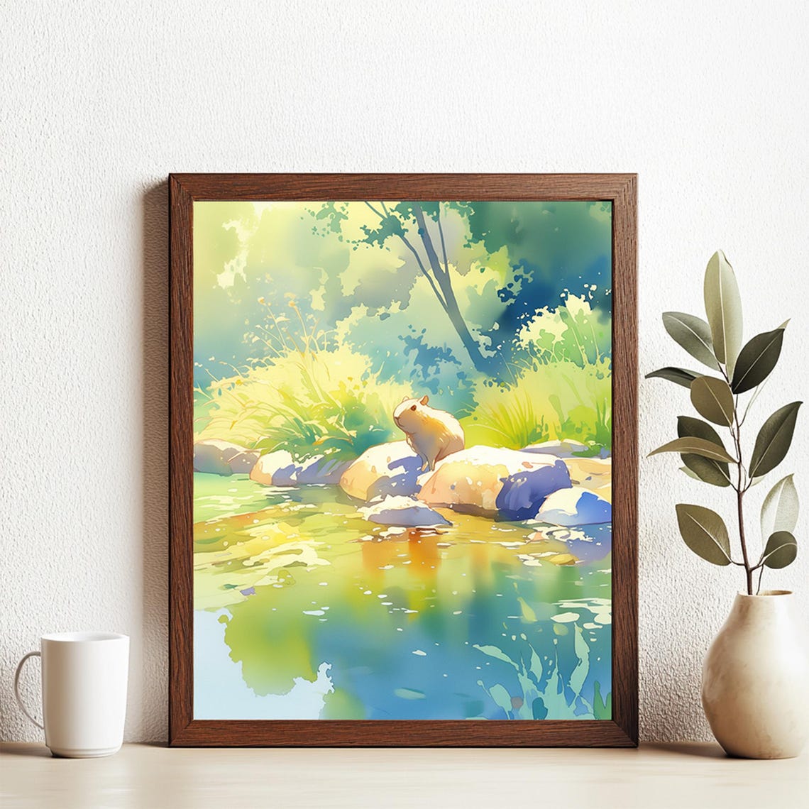 Capybara Near The River Countryside Scene Art Print Wall Deco Watercolor