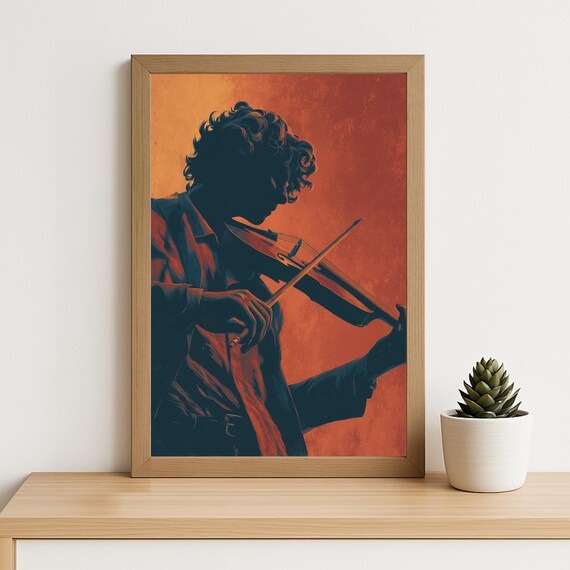 Violinist Silhouette Orange Backdrop Music Performance Art Poster
