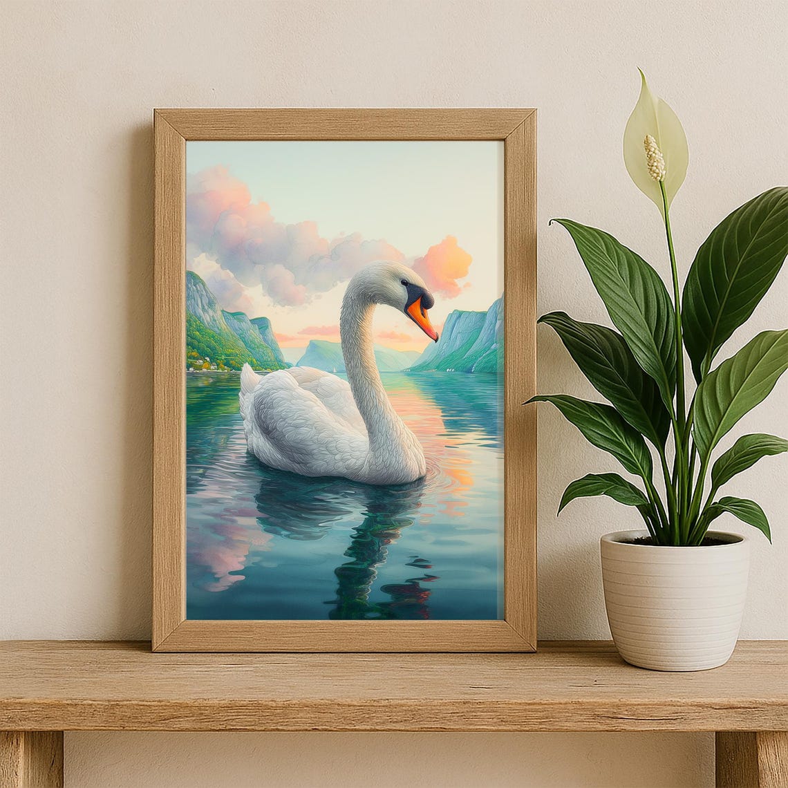 Elegant White Swan At Sunset Lake With Green Cliffs Watercolor Poster - Image 2