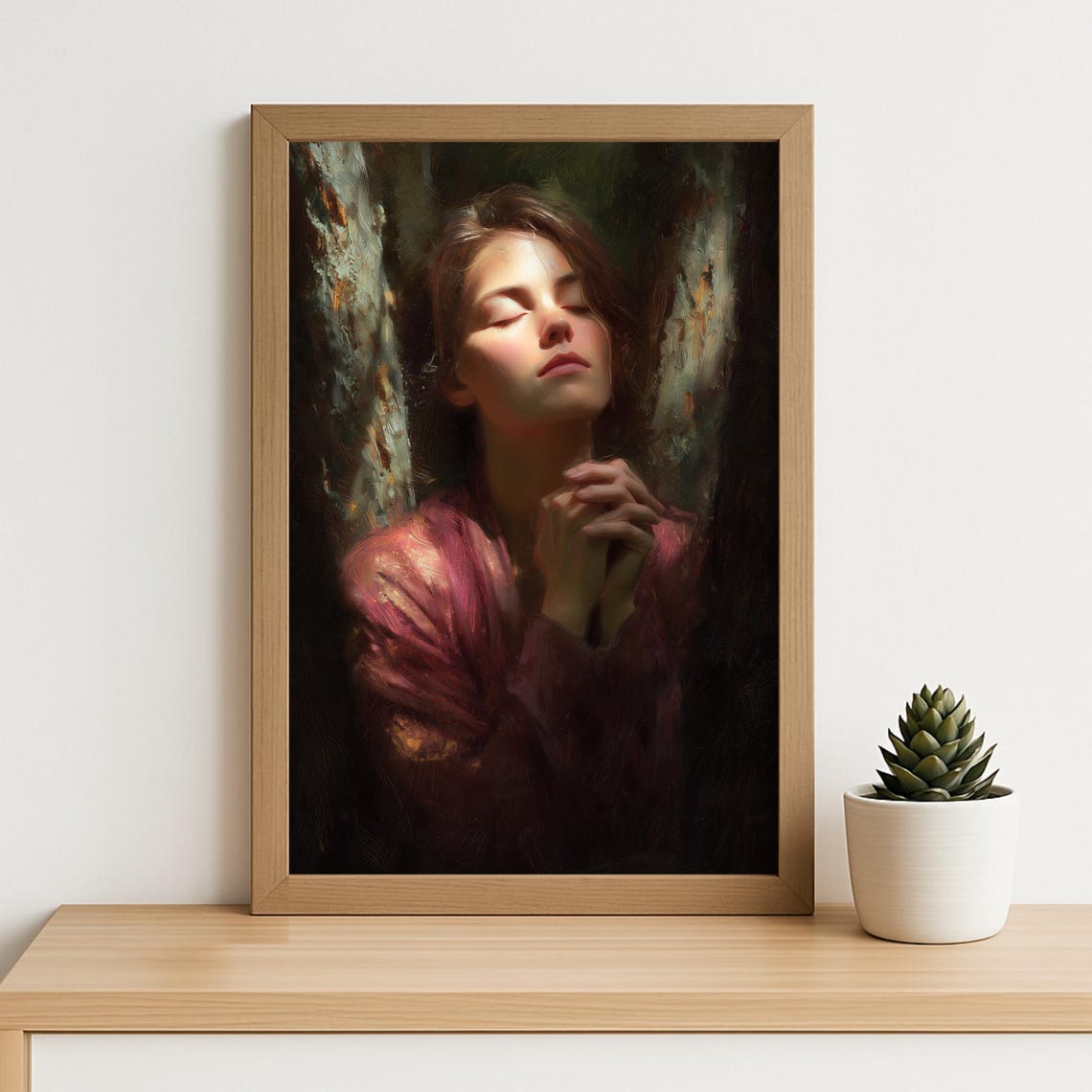 Woman Praying Oil Painting Print Spiritual Faith Wall Art Religious Portrait Artwork Christian Meditation Decor