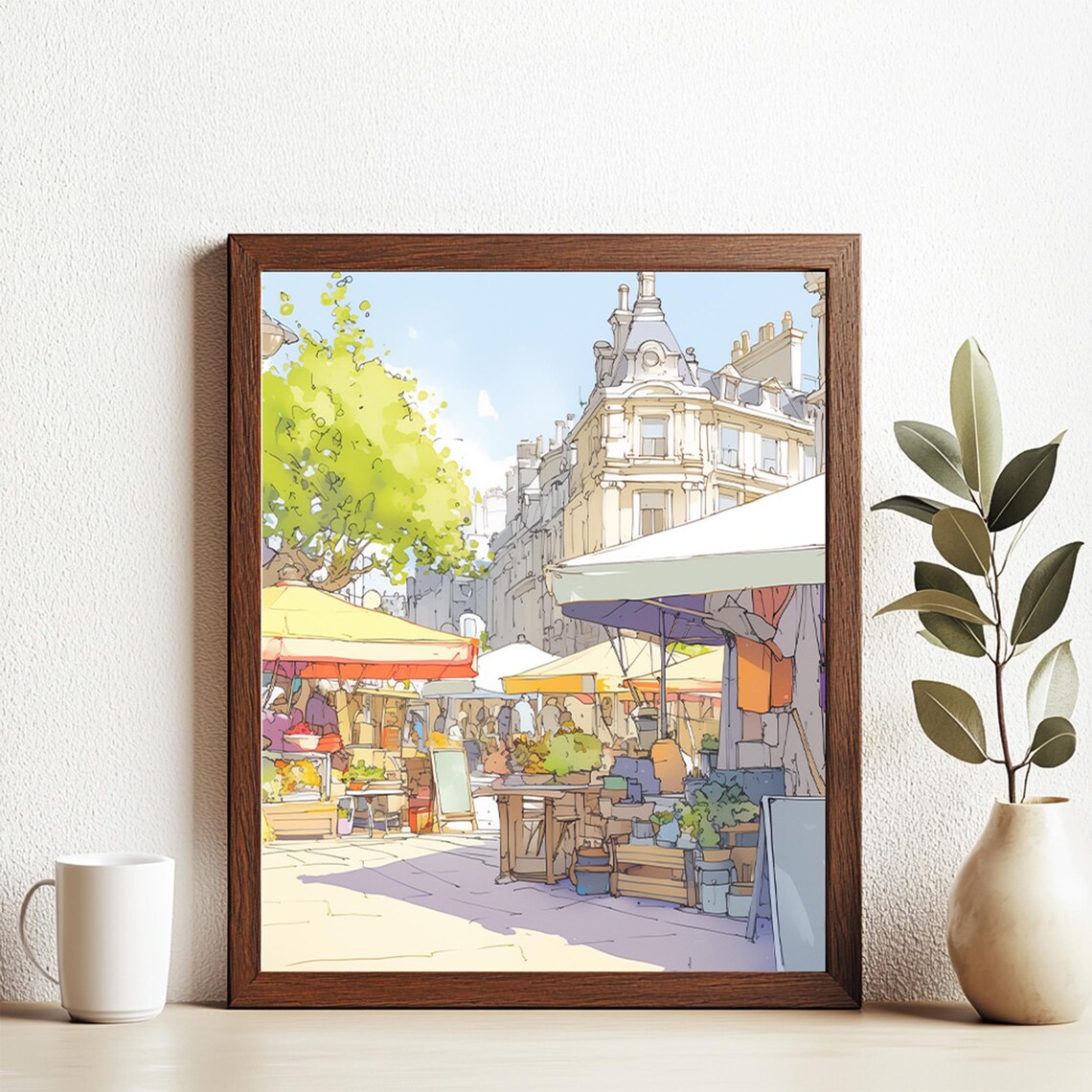 London Street Market Watercolor Cityscape European Travel Poster