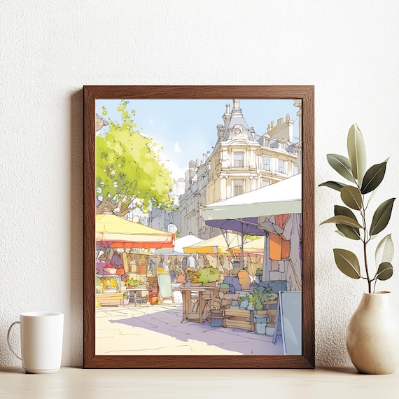 London Street Market Watercolor Cityscape European Travel Poster