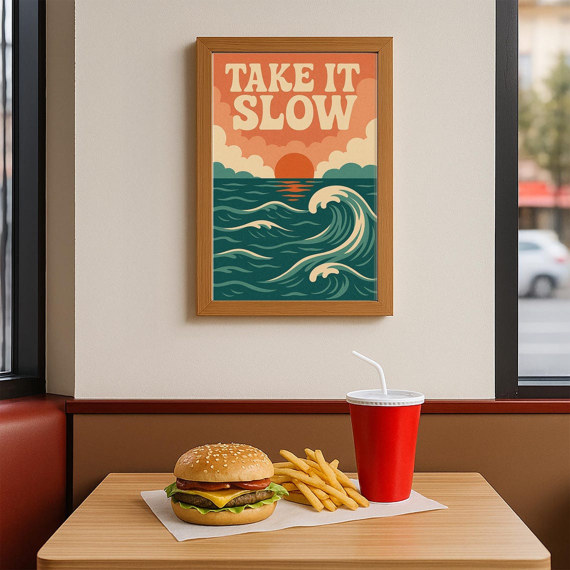 Take It Slow Retro Ocean Sunset Waves Beach Coastal Quote Poster - Image 4