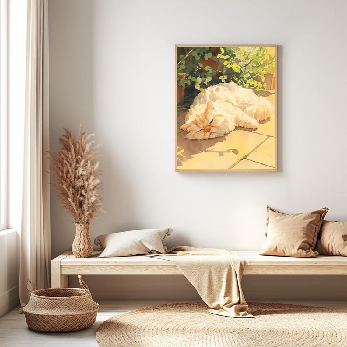 Sleeping Fluffy White Cat Sunlit Garden Watercolor Pet Wall Art - Image 3