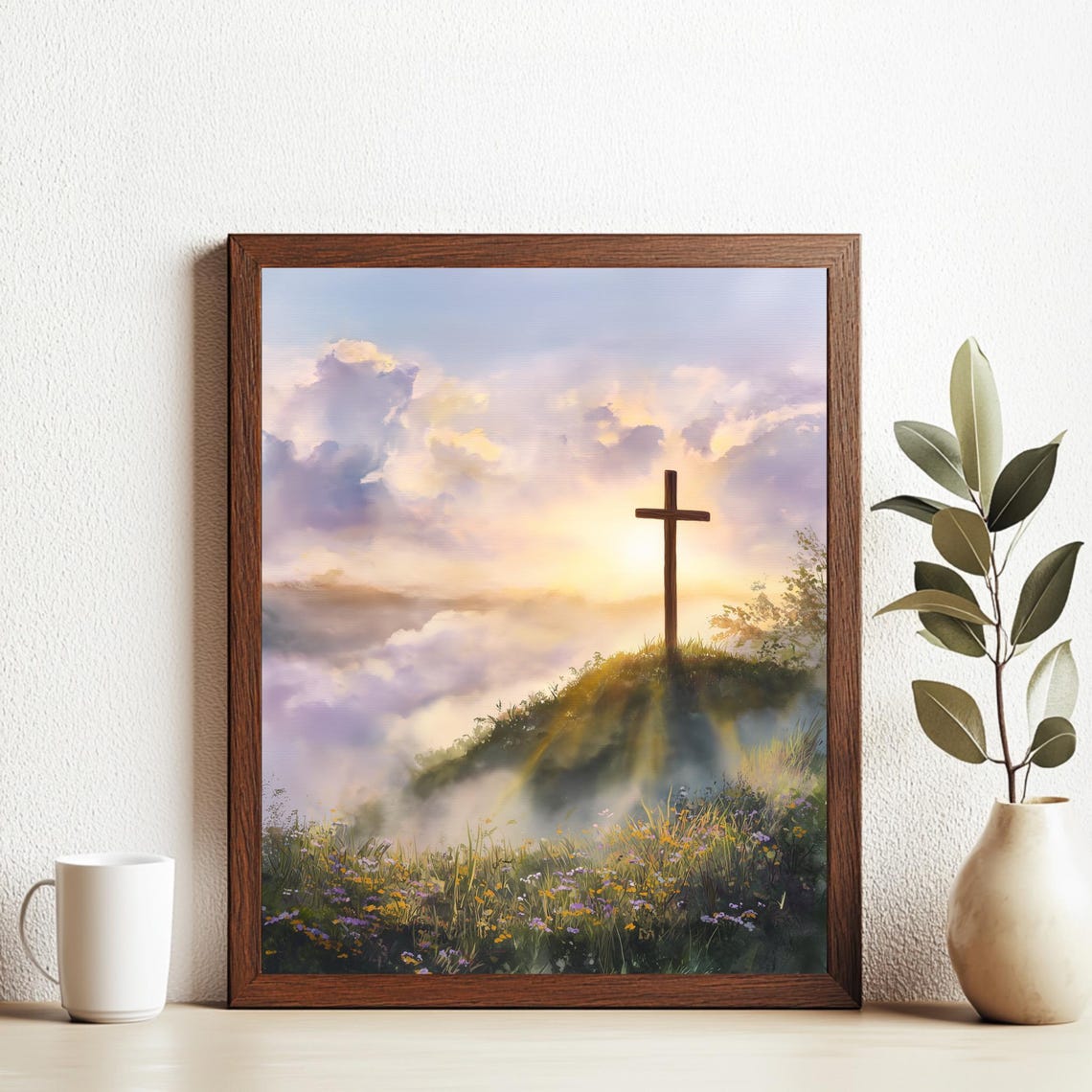 Wooden Cross on Sunrise Hill Wildflowers Faith Watercolor Poster