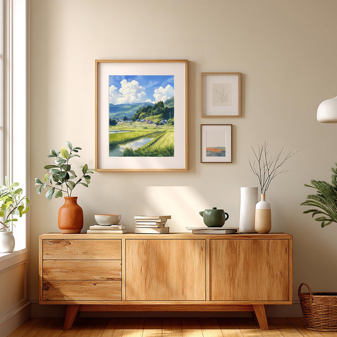 Japanese Countryside Rice Paddies Watercolor Village Mountain Poster - Image 3