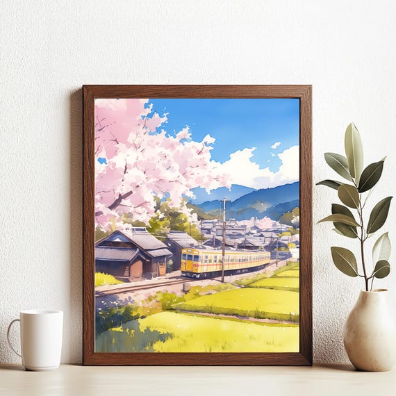 Cherry Blossom Train Ride In Japanese Countryside Watercolor Style Spring Landscape Print Screneinspired Rural Scenery Wall Art Poster