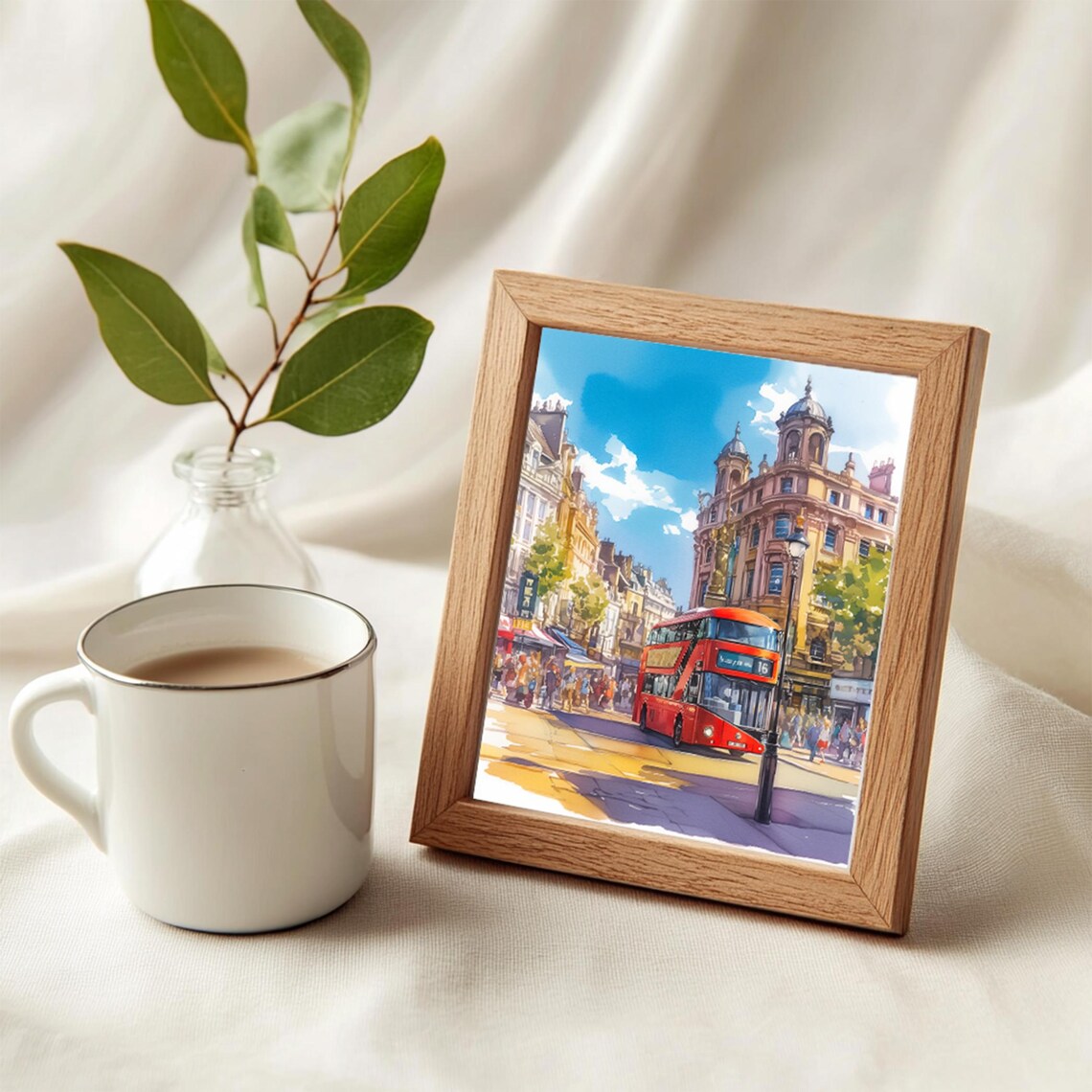 London Red Double Decker Bus Busy Street Watercolor City Poster - Image 4