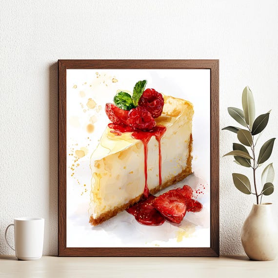 Delicious Cheese Cake Art Print Wall Deco Watercolor Design Dessert Poster