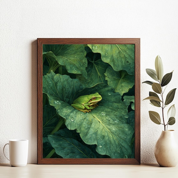 Cute Green Tree Frog on Rainforest Leaf Wildlife Wall Poster