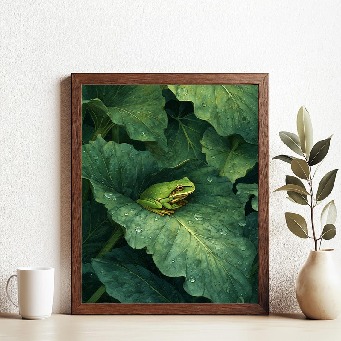 Cute Green Tree Frog on Rainforest Leaf Wildlife Wall Poster