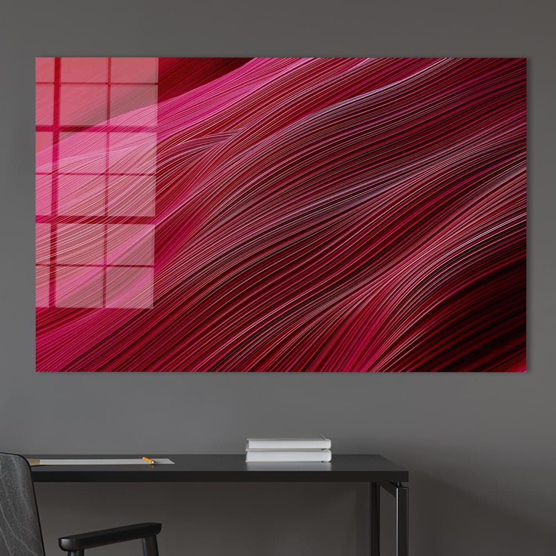 Red Pink Flowing Wave Lines Abstract Modern 3D Movement Wall Art