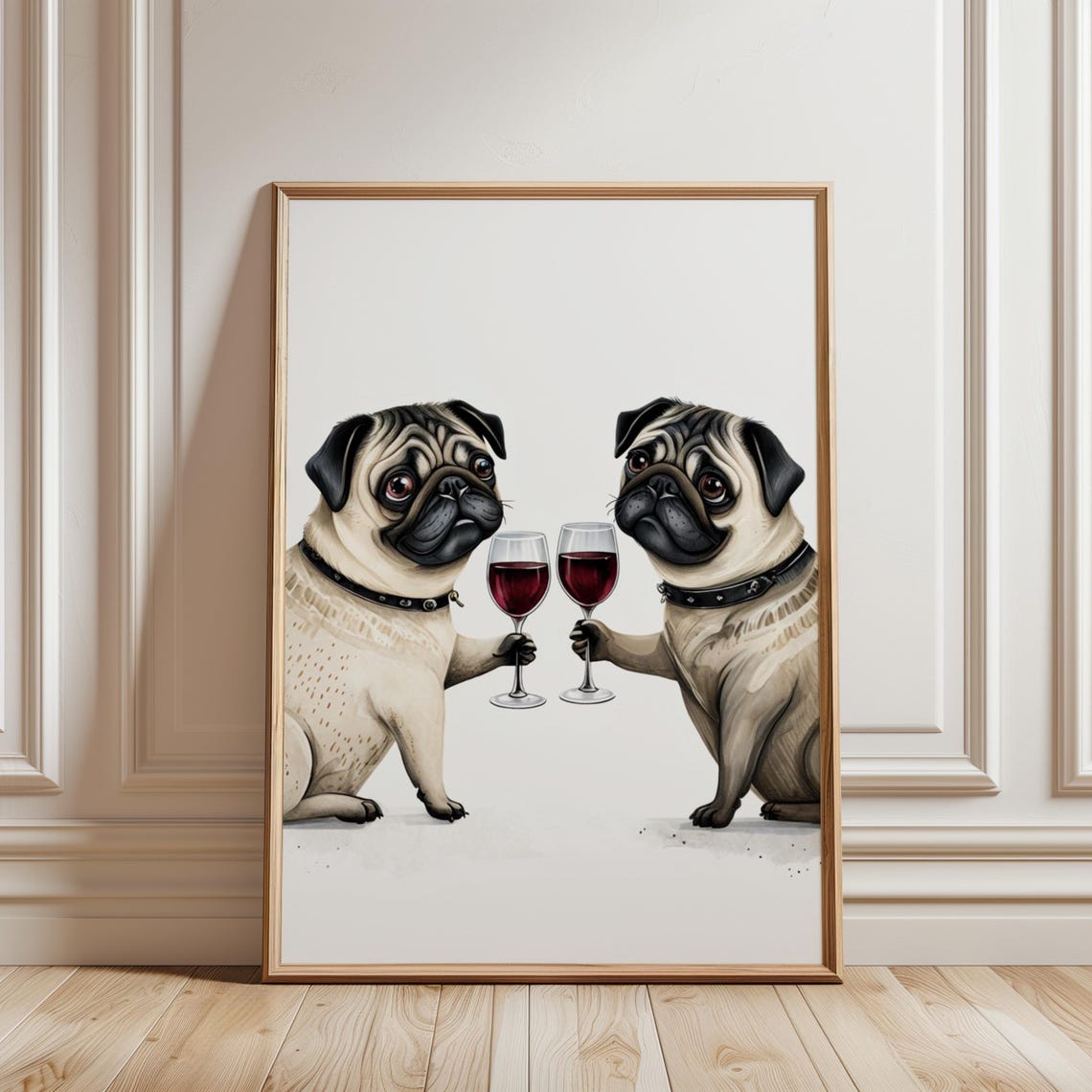 Two Pugs Toasting With Red Wine Glasses Funny Dog Lover Poster