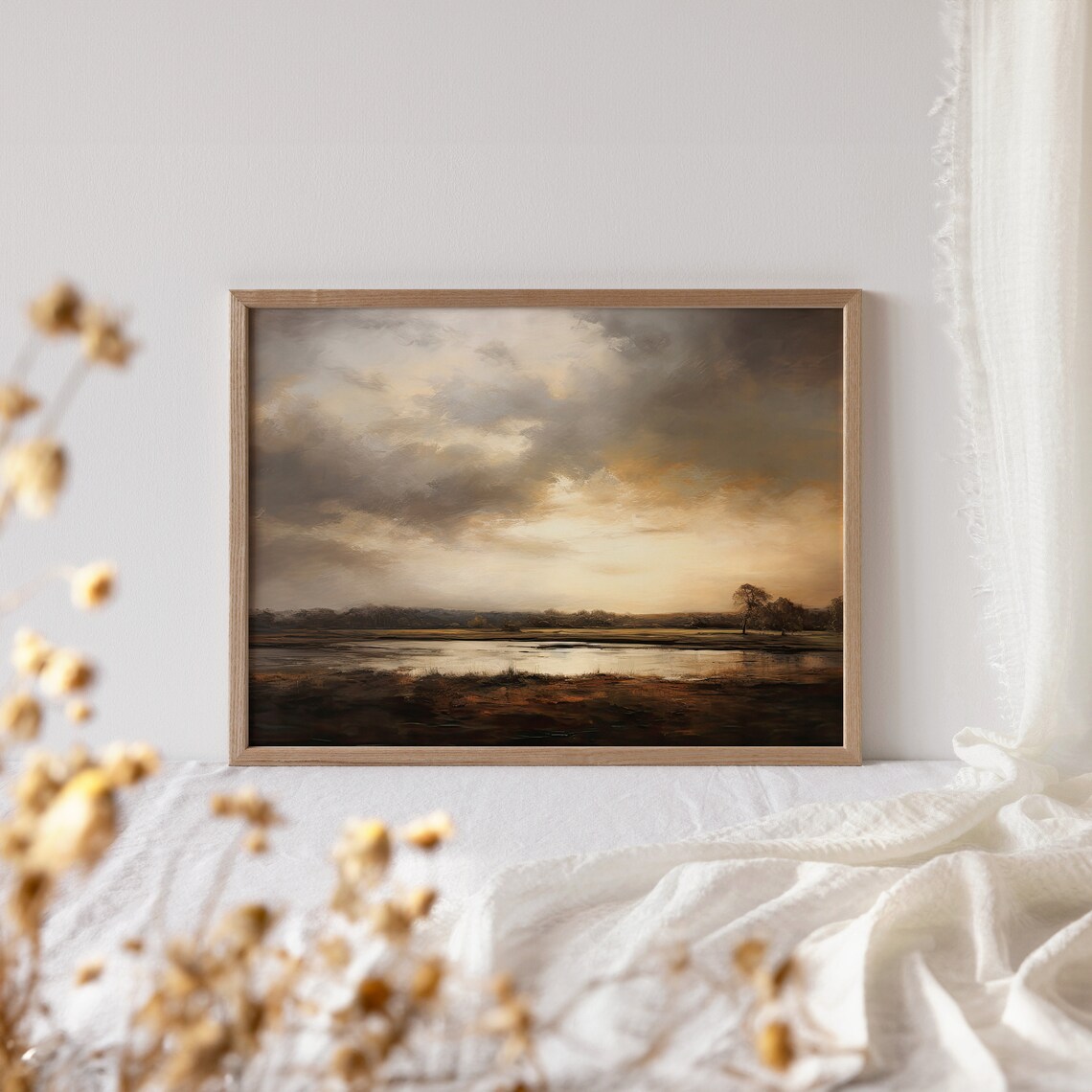 Moody Dark Stormy Lake Landscape Painting With Lone Tree Poster - Image 4