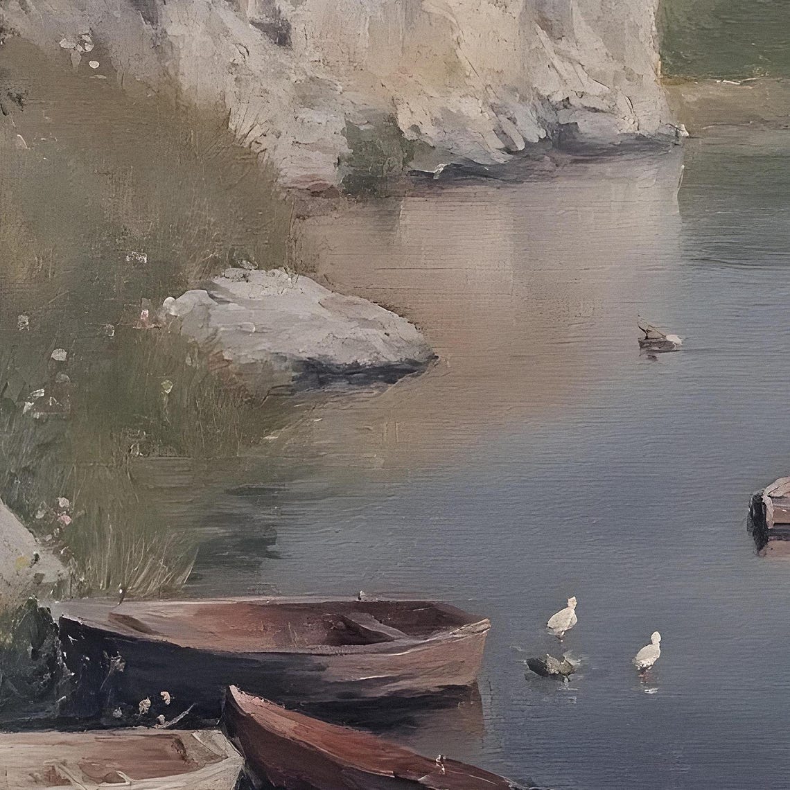 Tranquil River Rowboats Ducks White Chalk Cliffs Serene Nature Poster - Image 2