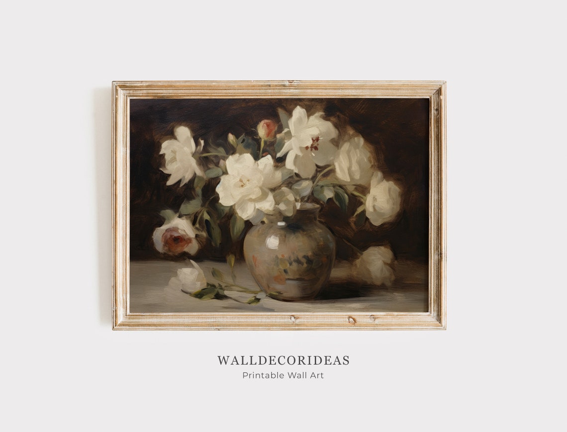 White Roses In A Ceramic Vase Dark Moody Floral Painting Poster