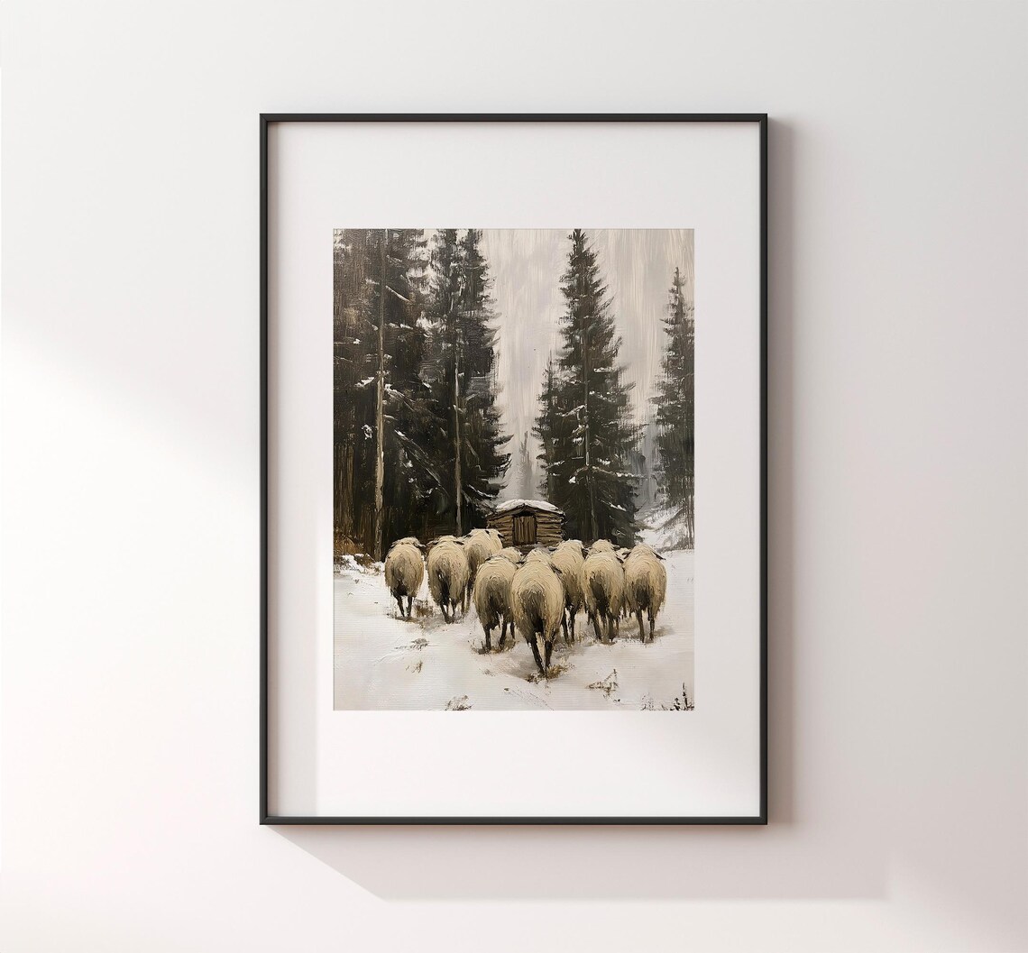 Sheep Flock In Snowy Pine Woods Vintage Winter Rustic Farmhouse Art Poster - Image 2