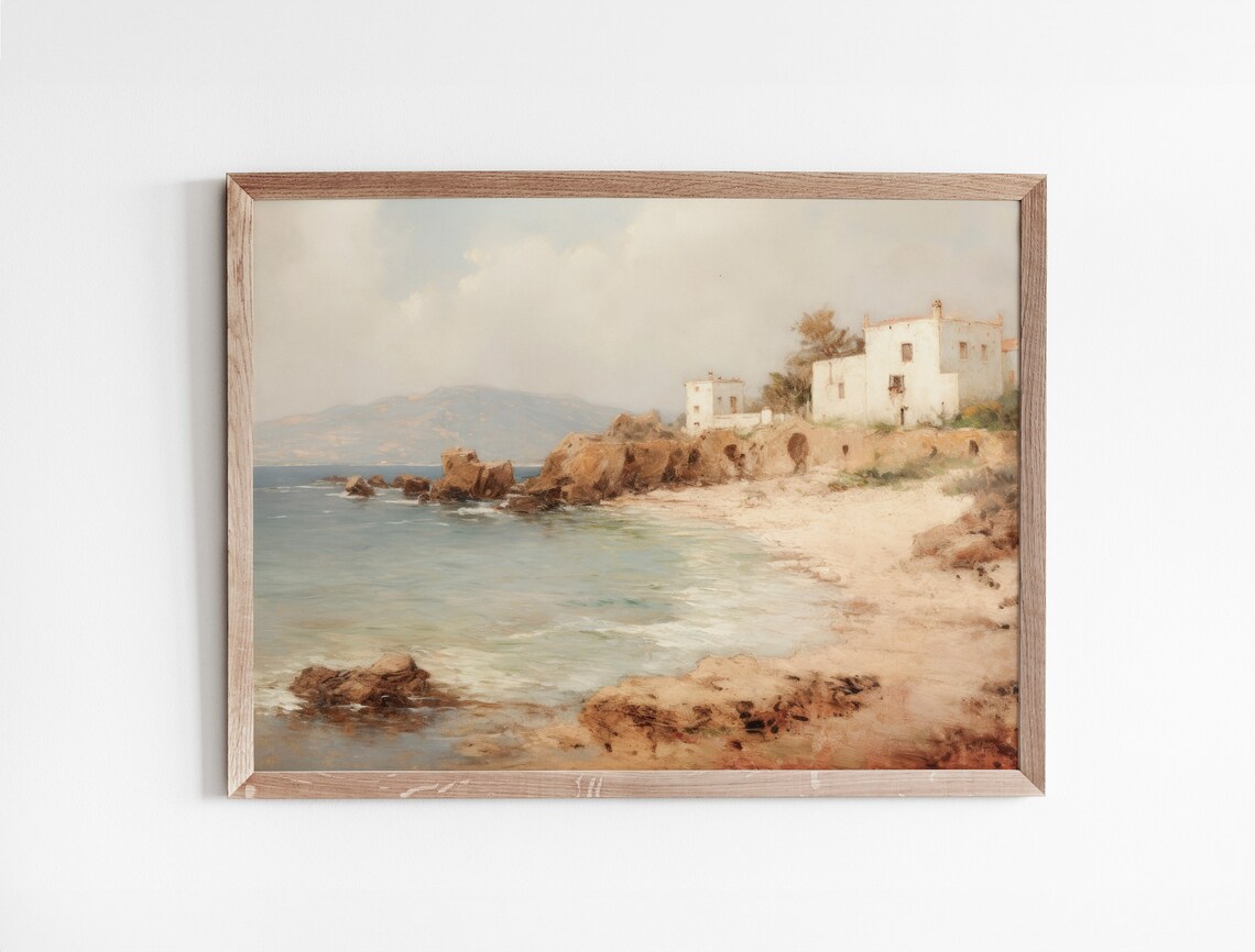 Mediterranean Coastal Rocky Shoreline White Villas Vintage Oil Art Poster - Image 3
