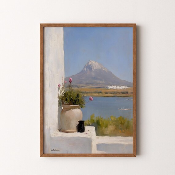 Mountain Lake Flowers Vase Village Spring Meadow Scenery Oil Poster
