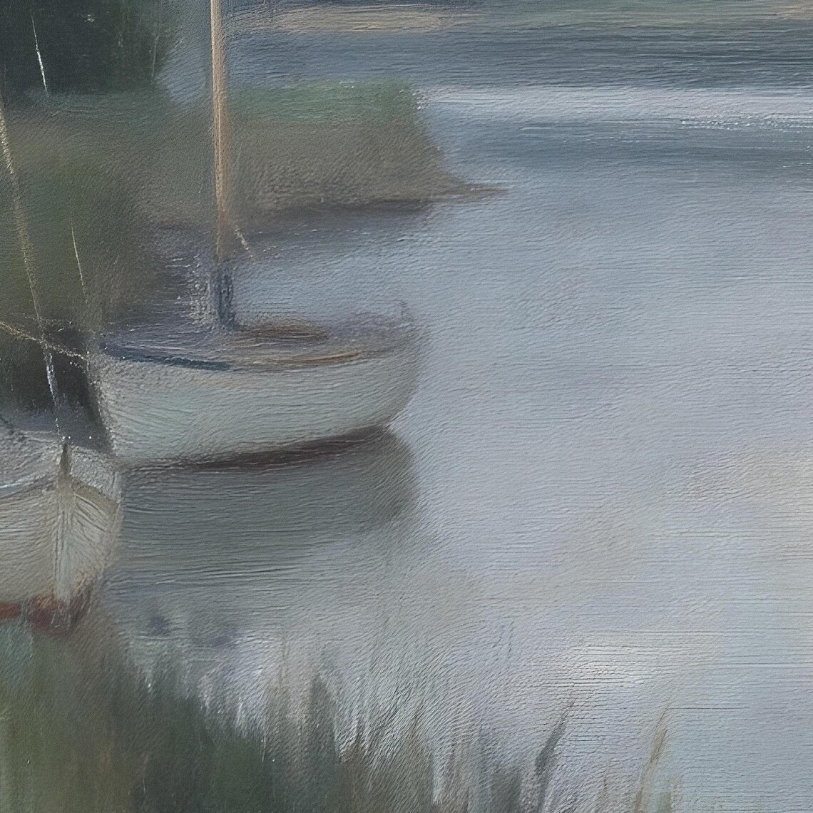 Moored Sailboats Misty Lake Dusk Calm Water Blue Green Seascape Poster - Image 2