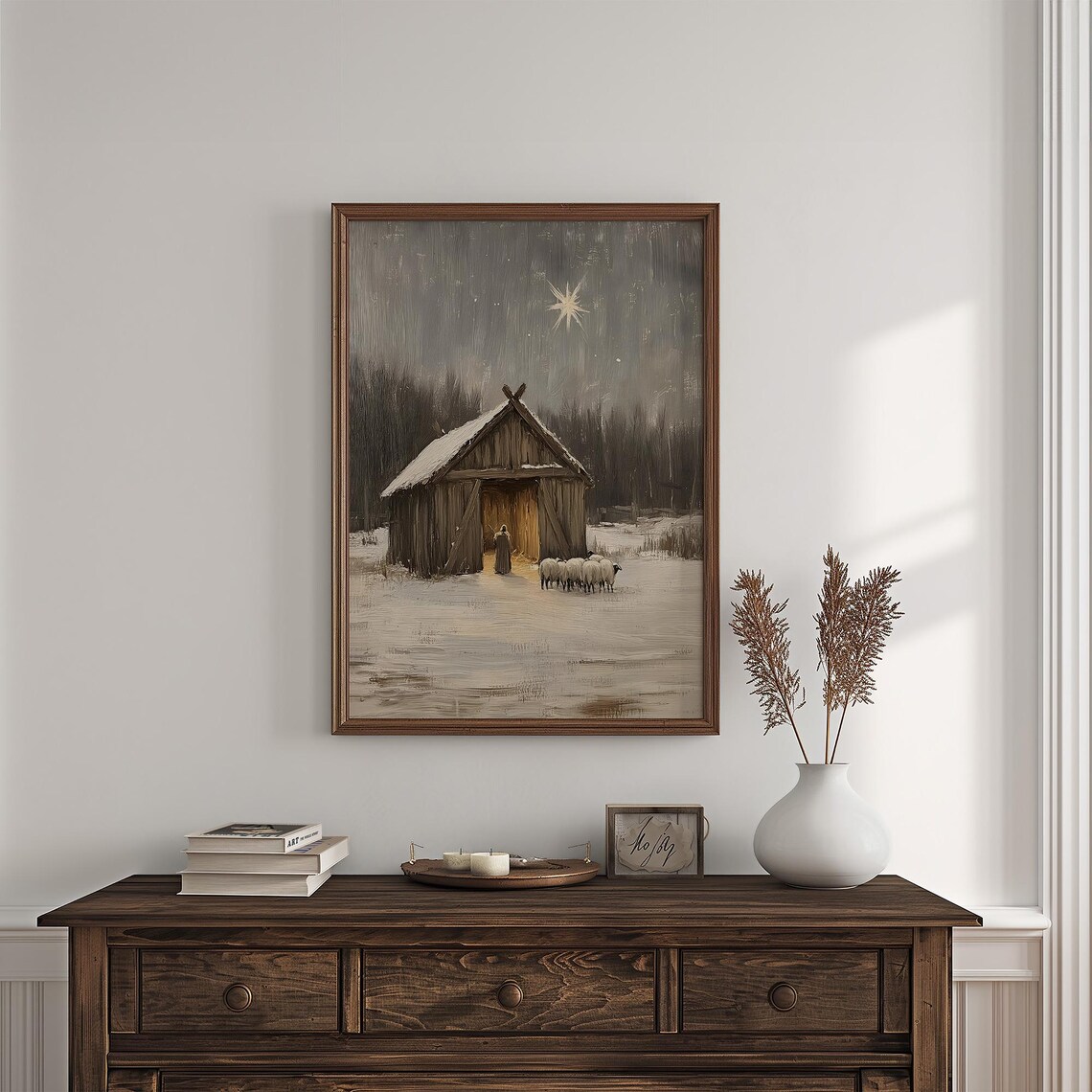 Vintage Rustic Nativity Scene, Winter Holiday Art Print - Image 4