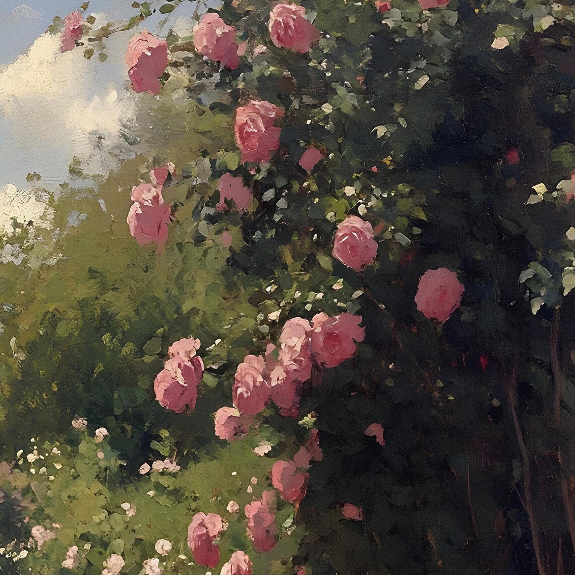 Vintage Rose Garden Painting, Flowering Tree Art - Image 2
