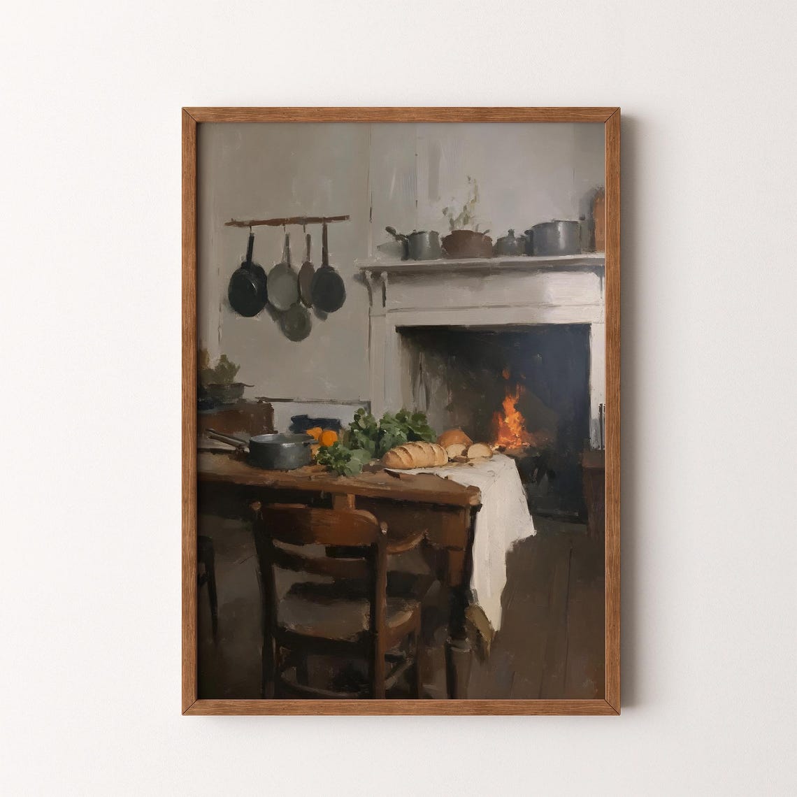 Rustic Kitchen Fireplace Wooden Table Bread Cozy Hearth Scene Poster