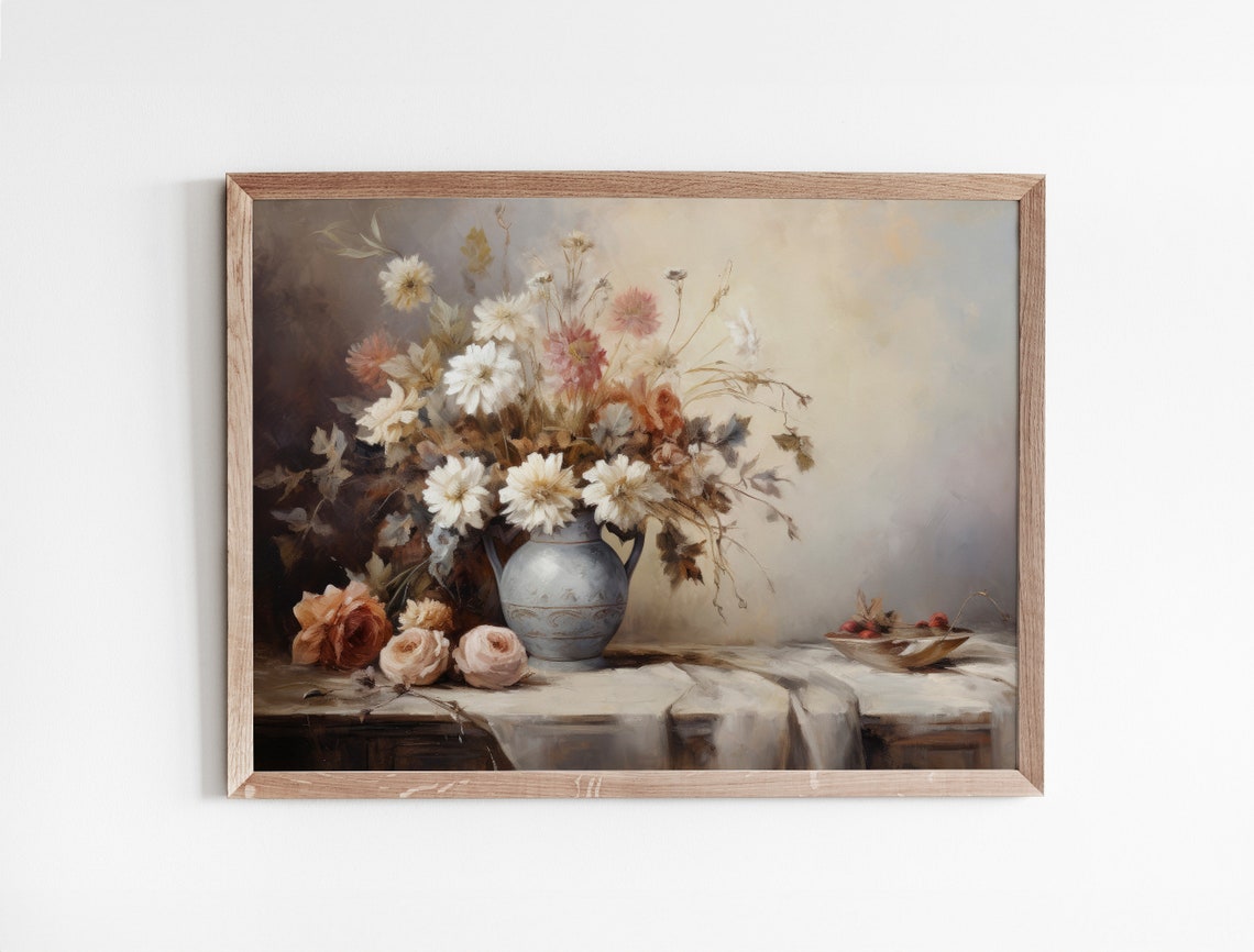 Neutral Daisy And Rose Bouquet In Blue Pitcher Painting Poster - Image 3