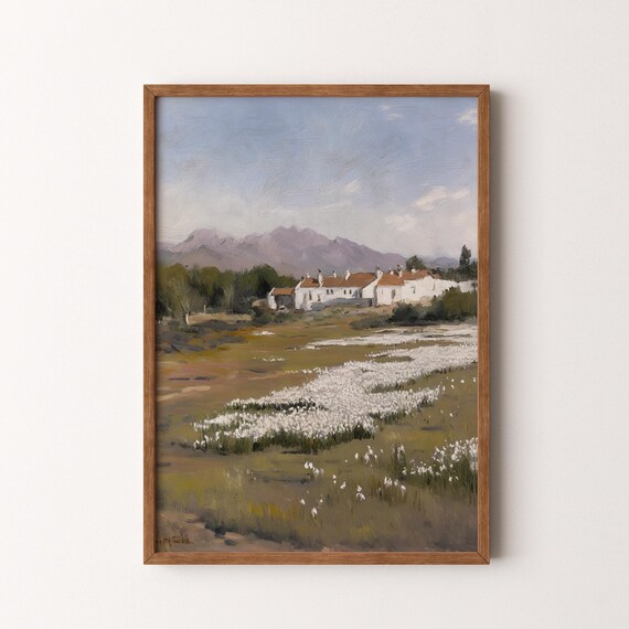 Mountain Village With White Flower Field Vintage Rustic Painting Poster