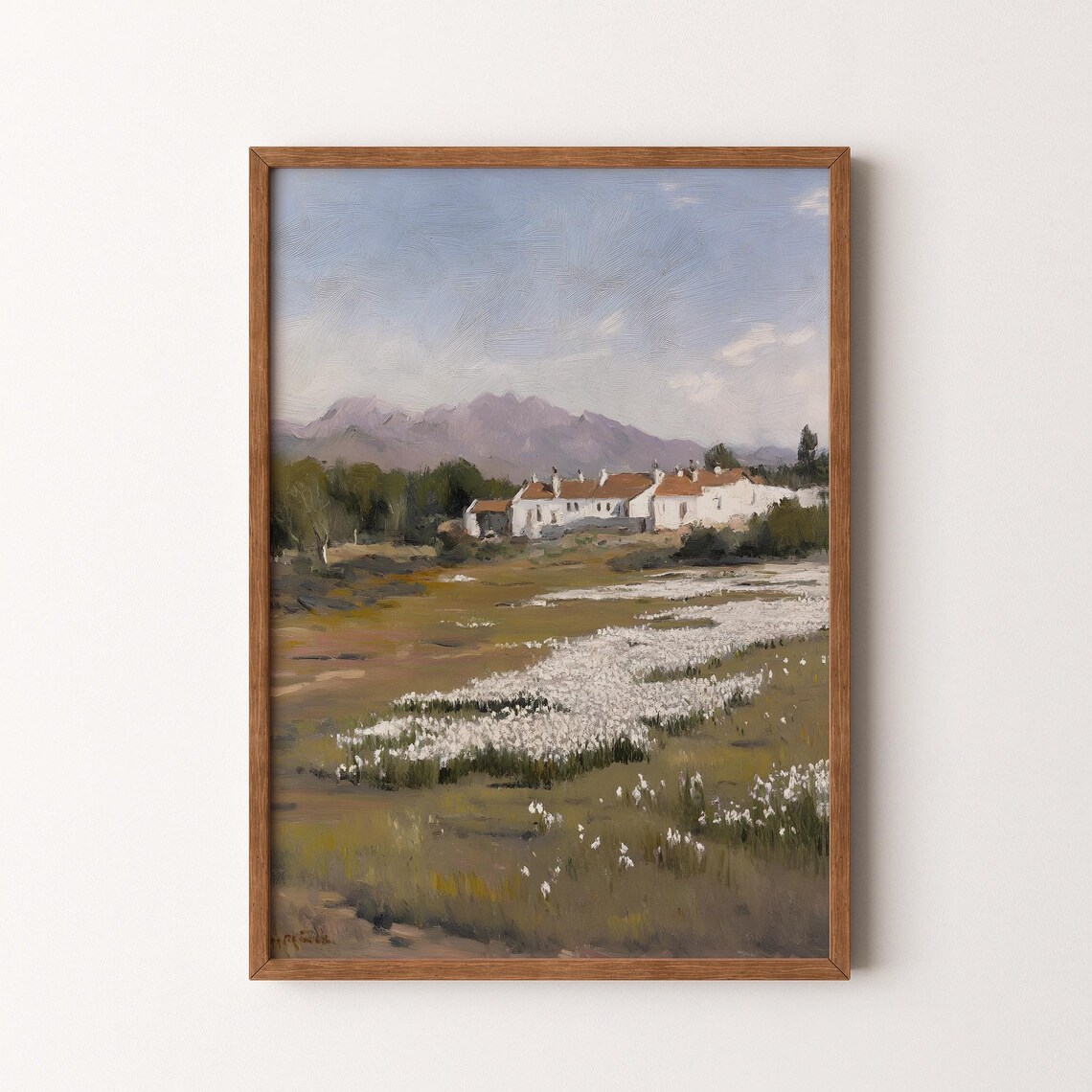 Mountain Village With White Flower Field Vintage Rustic Painting Poster