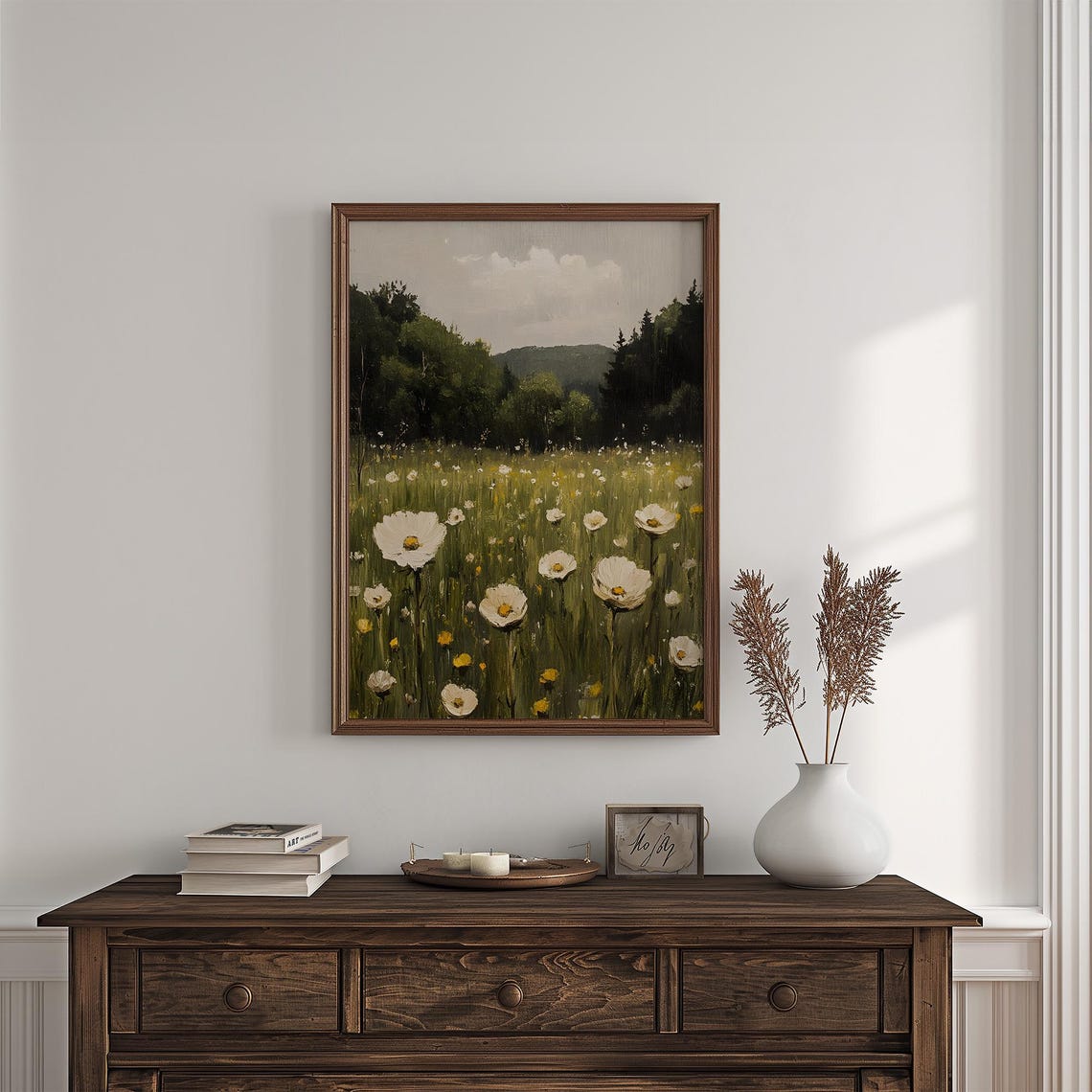 White Poppy Meadow With Forest Hills Vintage Floral Painting Poster - Image 4