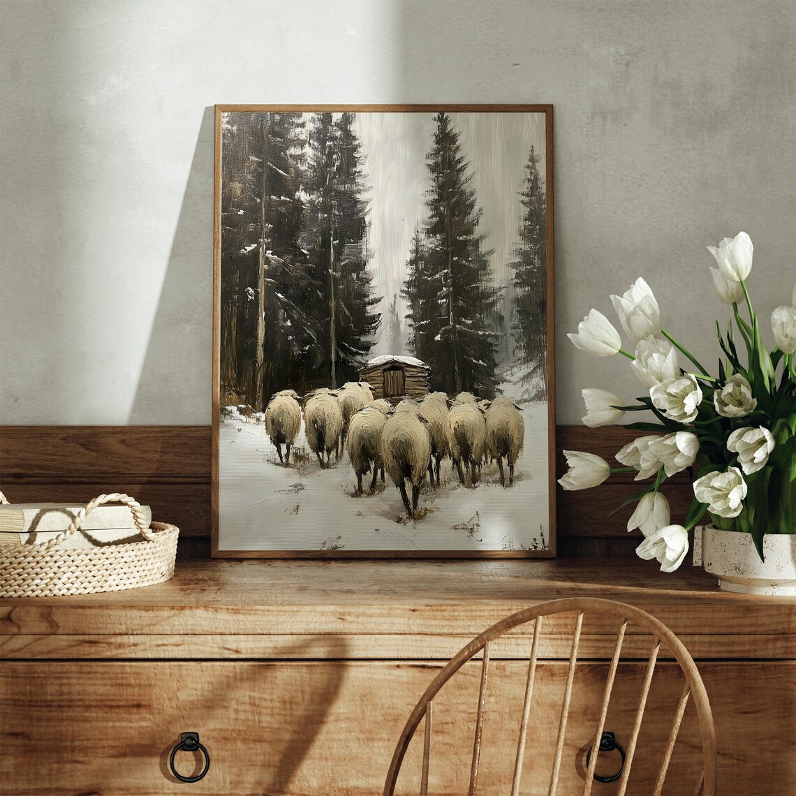 Sheep Flock Walking To Cabin In Snowy Pine Forest Vintage Winter Art Poster - Image 3