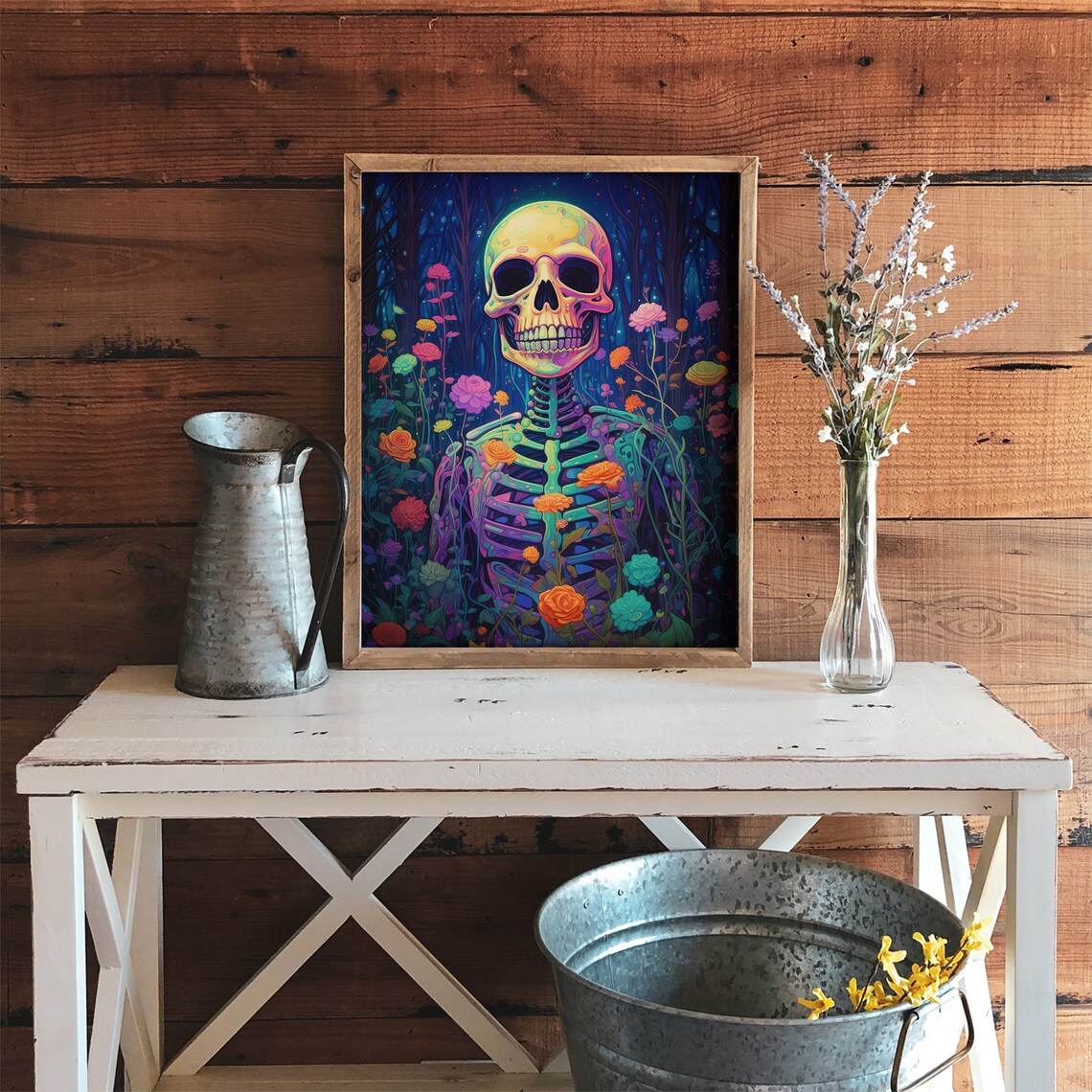 Neon Skeleton Among Colorful Flowers in a Night Forest Psychedelic Poster - Image 3