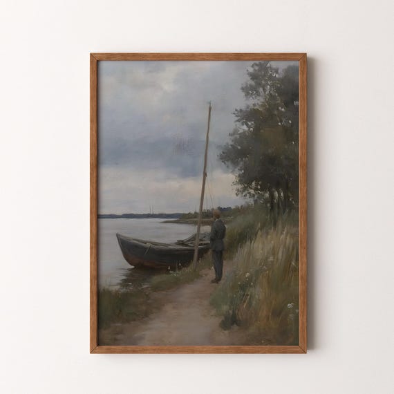Vintage Coastal Landscape Painting Moody Fisherman Scenic River Shoreline Art Vi173