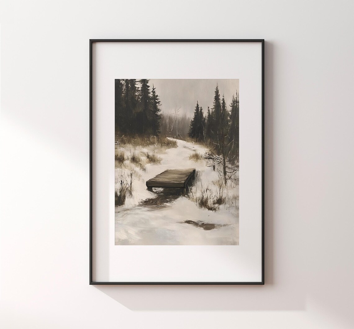 Vintage Winter Landscape, Moody Forest Scene With Bridge - Image 2