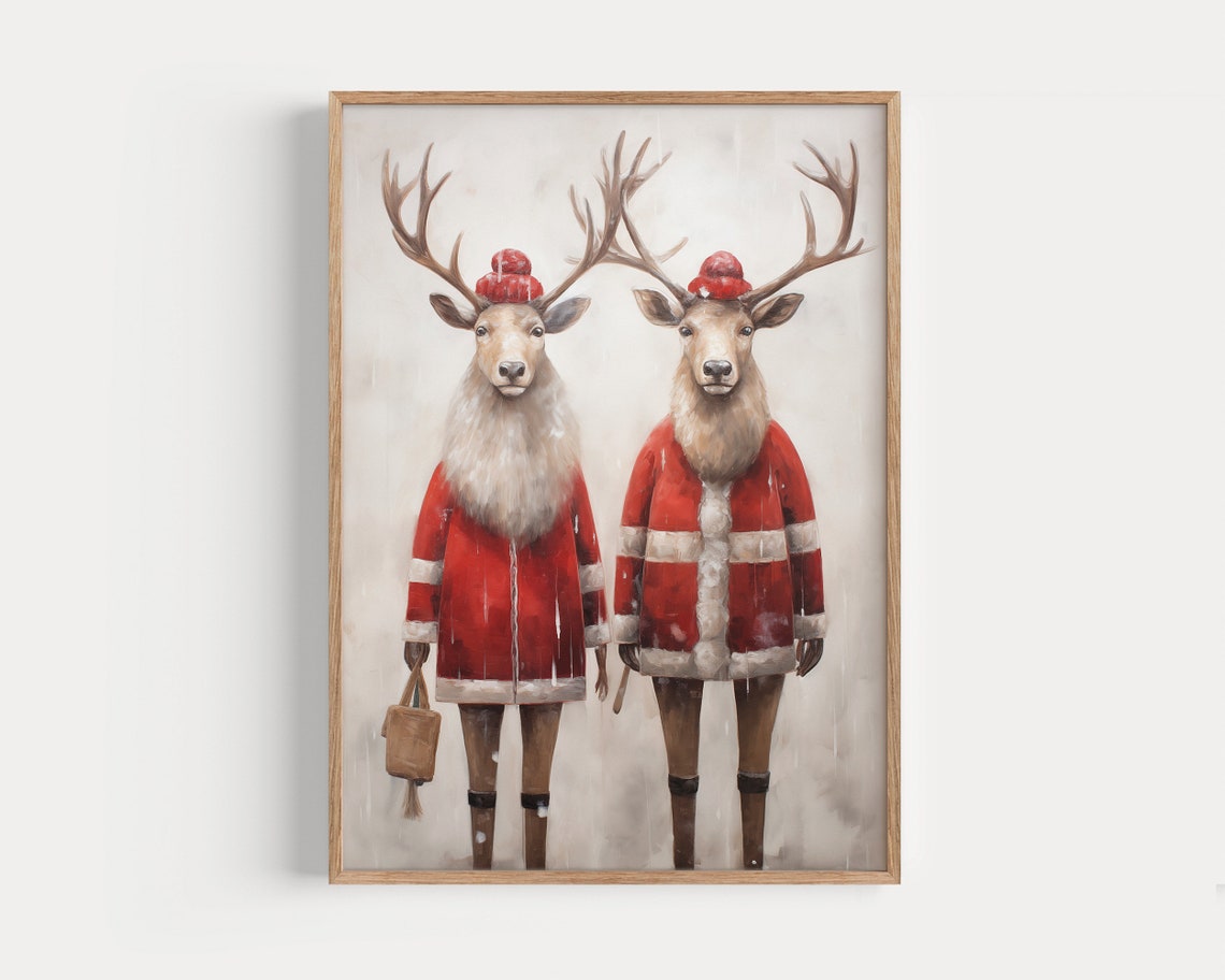 Two Stags in Red Fur Coats Festive Christmas Animal Portrait Poster - Image 4